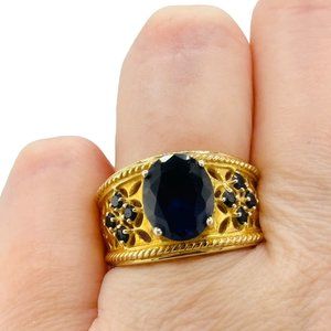 Gold Vermeil 925 Blue Sapphire Wide Band Ring Size 7 Signed PJM Statement